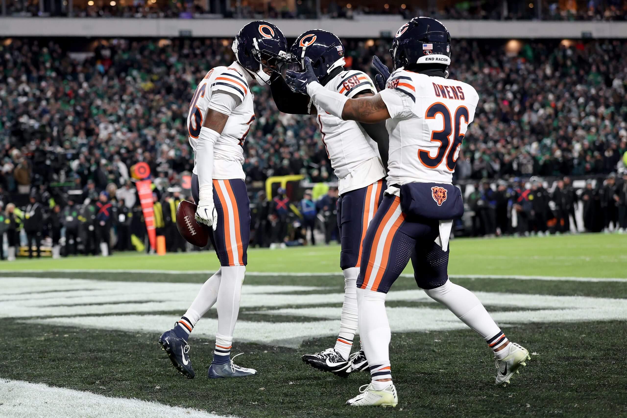 Nahshon Wright #26 of the Chicago Bears celebrates with teammates after a turnover against the Philadelphia Eagles during the third quarter in the game at Lincoln Financial Field on November 28, 2025 in Philadelphia, Pennsylvania. 