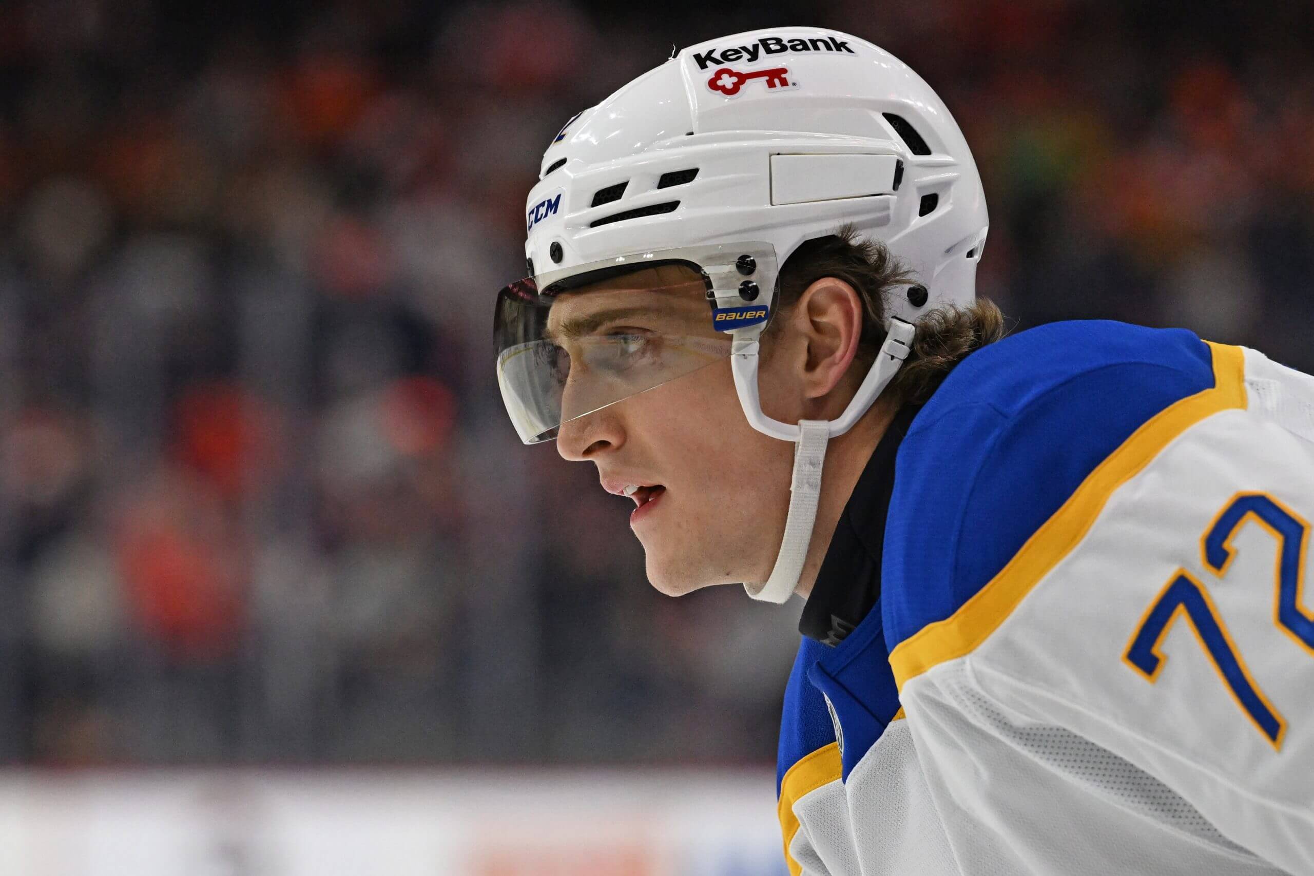 Chest-up shot of Buffalo's Tage Thompson facing left.