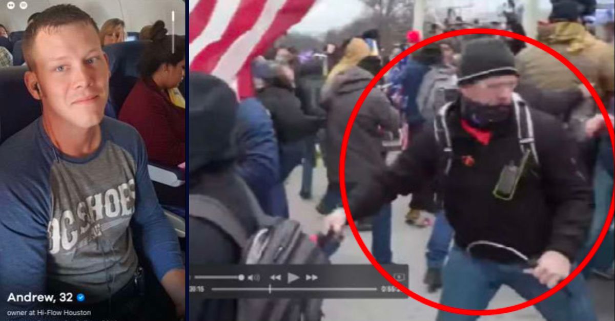 Left: Andrew Taake. Right: Taake seen holding a whip during a confrontation at the U.S. Capitol on Jan. 6, 2021 (via FBI court filing).