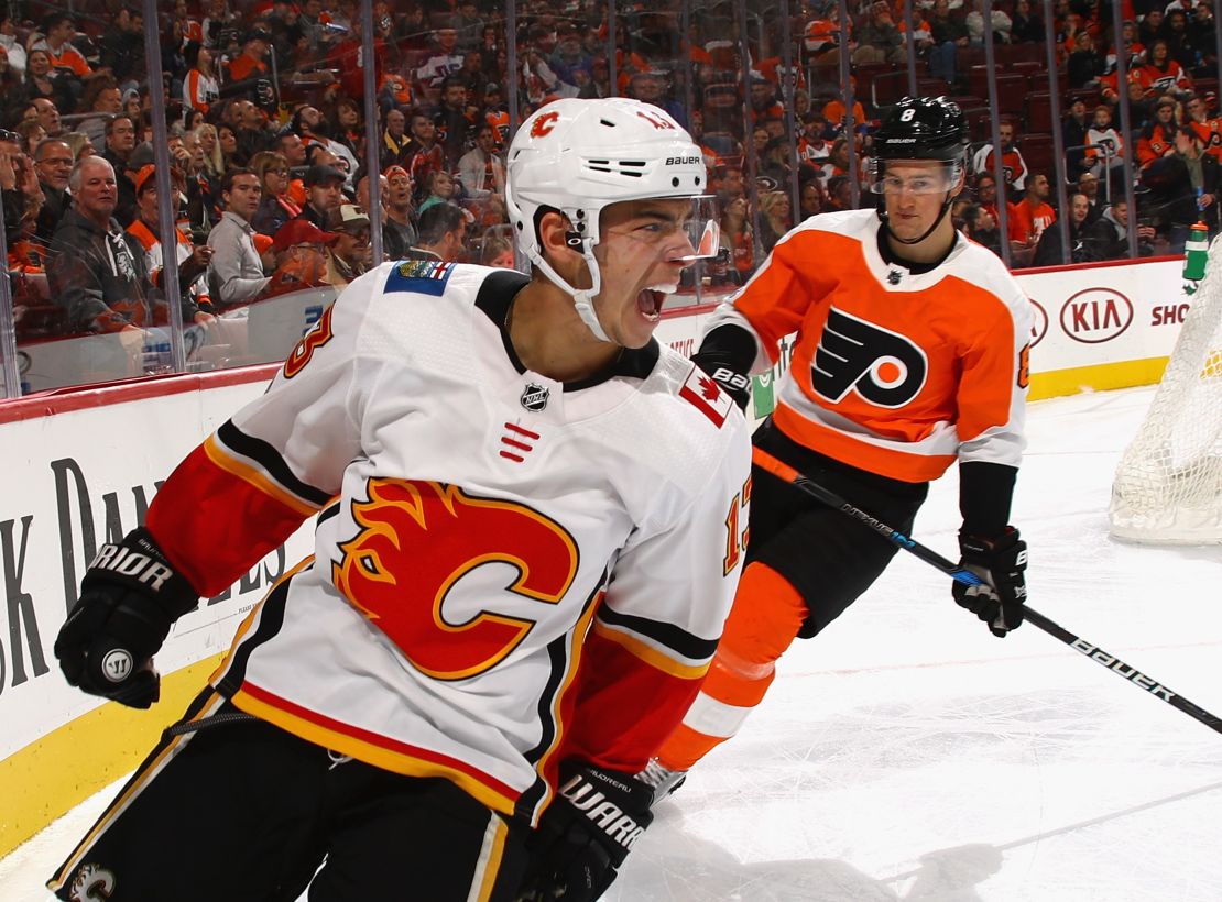 Johnny Gaudreau of the Calgary Flames reacts after scoring a goal against tthe Philadelphia Flyers at the Wells Fargo Center in Philadelphia on November 18, 2017.