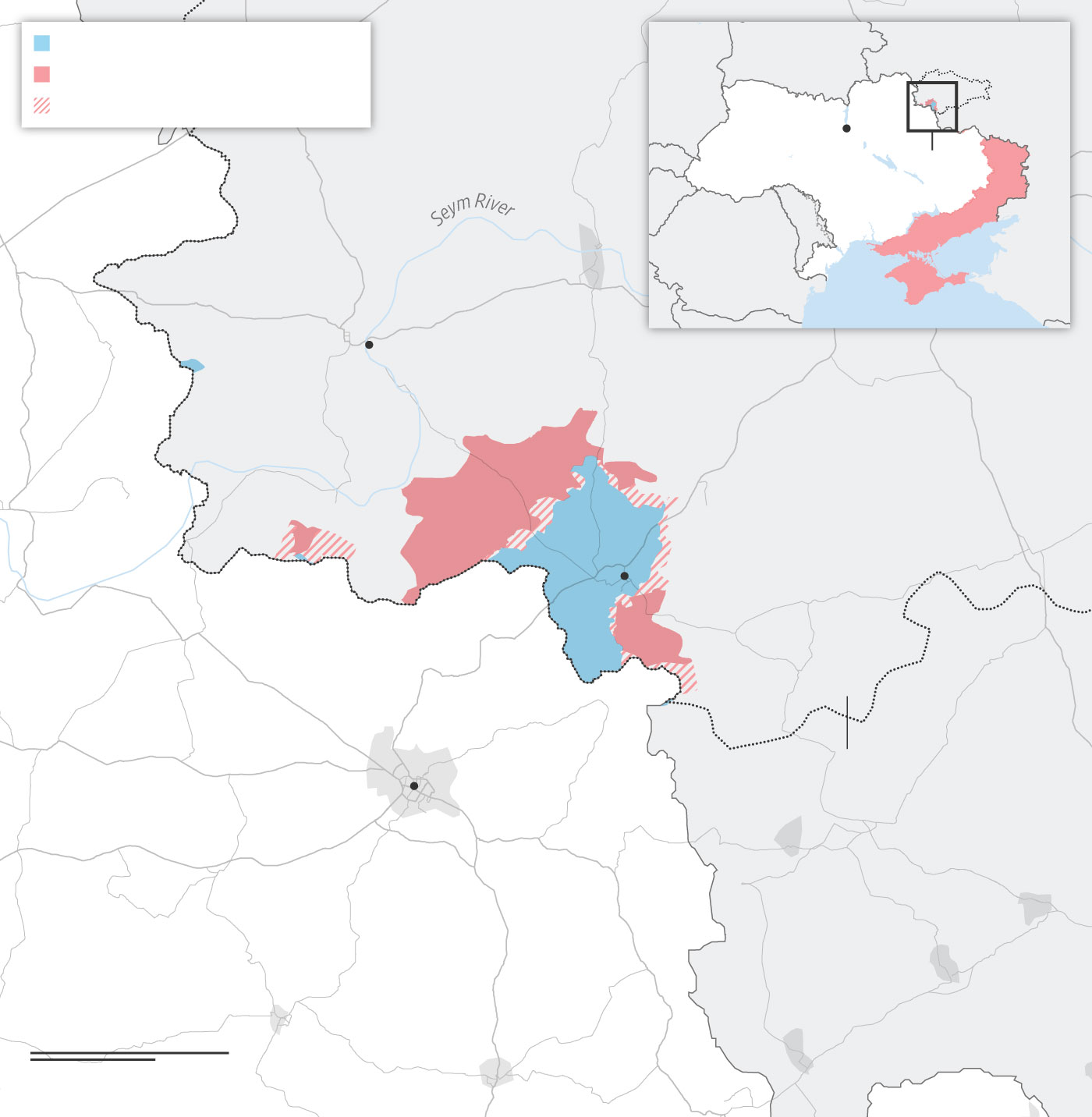 A map showing the Ukrainian incursion into Kursk region in Russian territory. The smaller map shows the extent of Russian forces in the Ukraine.