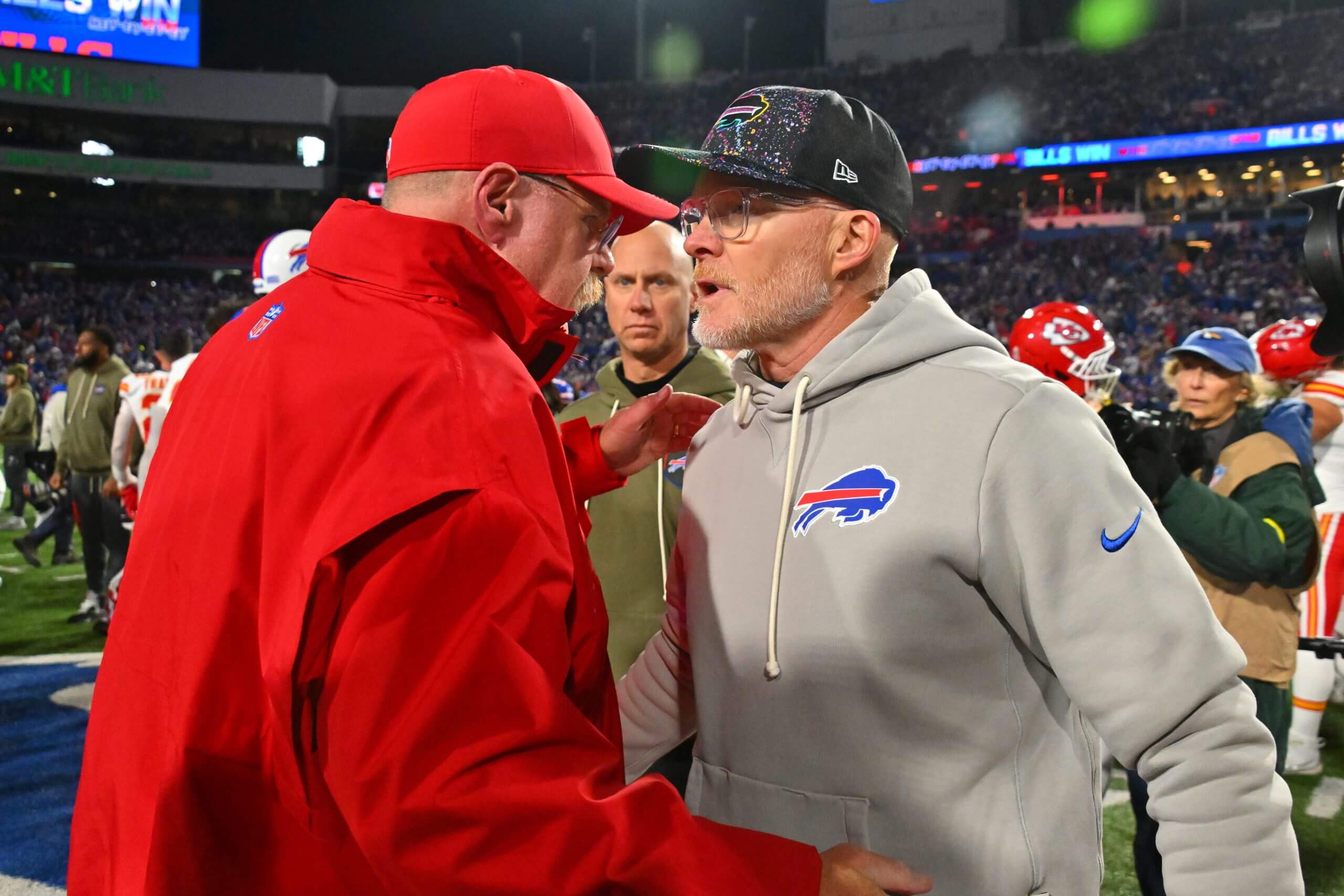 Head coaches Andy Reid of the Kansas City Chiefs and Sean McDermott of the Buffalo Bills embrace following the game at Highmark Stadium on November 02, 2025 in Orchard Park, New York.