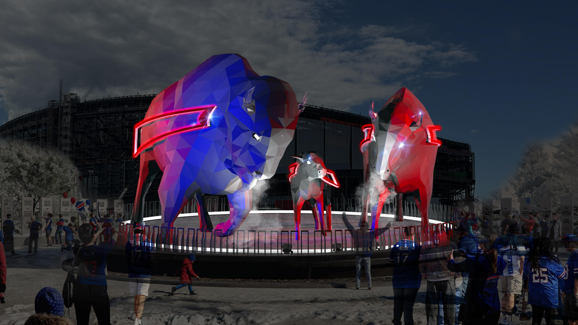 Renderings of bison statues lit up on red, white and blue at night, with smoke coming out of their nostrils. 