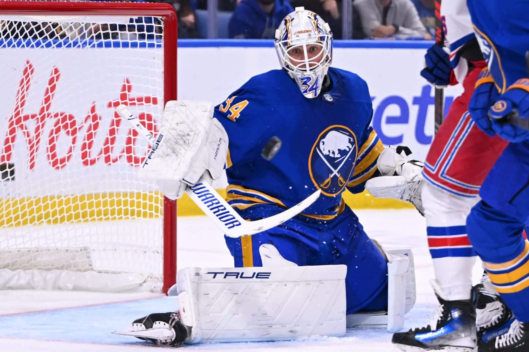 BUFFALO, NEW YORK - OCTOBER 9: Alex Lyon #34 of the Buffalo Sabres makes a save during the first period of an NHL game against the New York Rangers at KeyBank Center on October 9, 2025 in Buffalo, New York. (Photo by Joe Hrycych/Getty Images) BUFFALO, NEW YORK - OCTOBER 9: Alex Lyon #34 of the Buffalo Sabres makes a save during the first period of an NHL game against the New York Rangers at KeyBank Center on October 9, 2025 in Buffalo, New York. (Photo by Joe Hrycych/Getty Images)