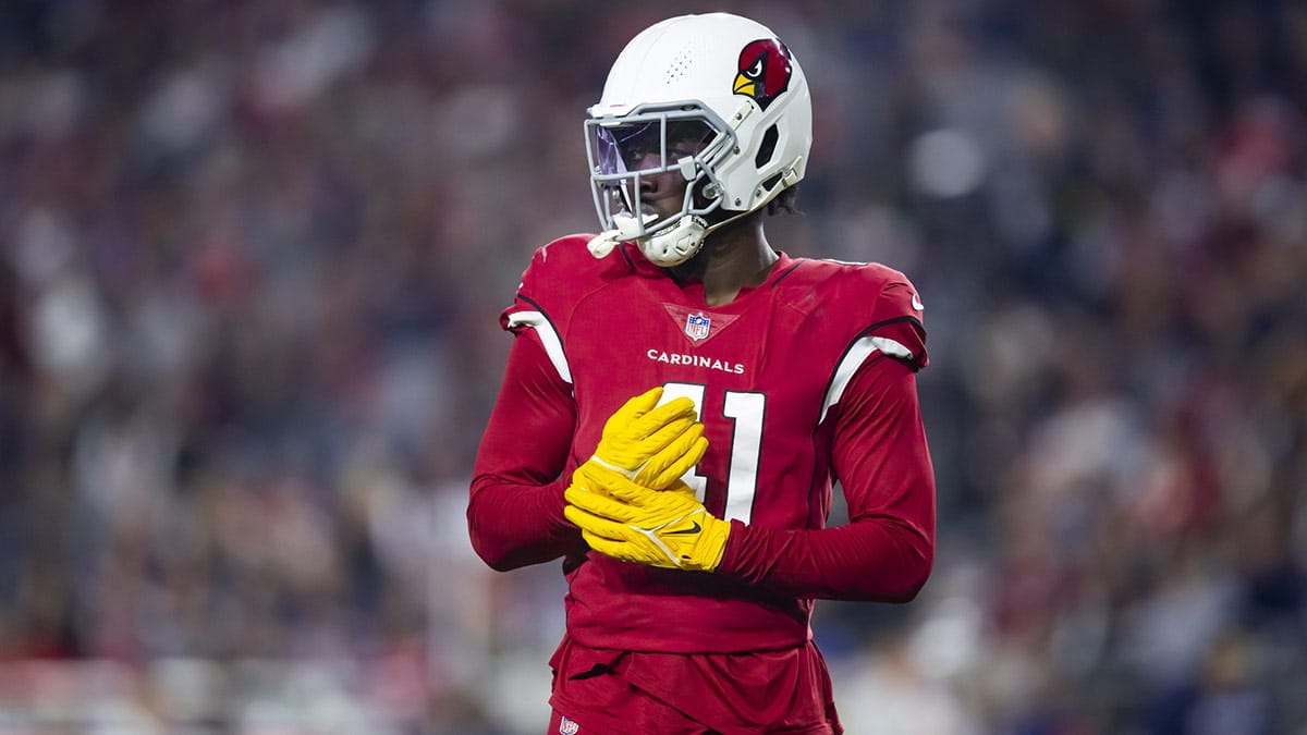 Arizona Cardinals linebacker Myjai Sanders (41) against the New England Patriots at State Farm Stadium. Arizona Cardinals linebacker Myjai Sanders (41) against the New England Patriots at State Farm Stadium.